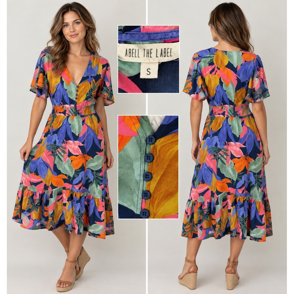 Abel The Label Midi Dress Women Small Boho Tropical Floral Ruffle Smocked V-Neck